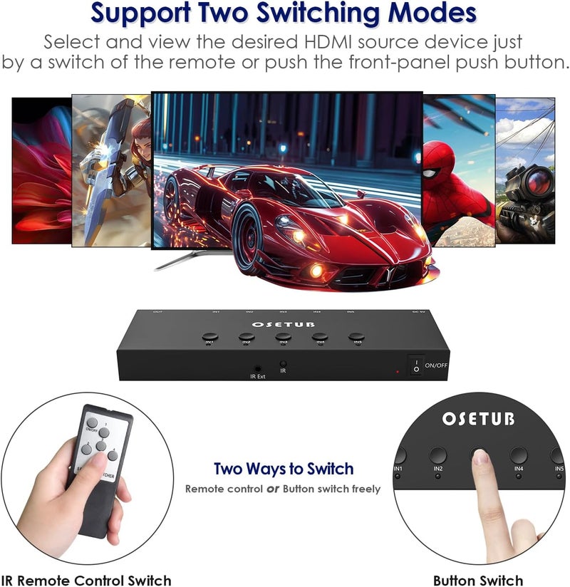 OseTub 4K@60Hz 5 in 1 Out HDMI Switch, 5 Port HDMI Switcher Selector Support HDR10 & HDCP 2.2 & Full 3D with IR Remote Control Compitable with Nintendo Switch,Xbox PS5/4,Fire Stick,Roku,Apple TV for Gaming - Image 4